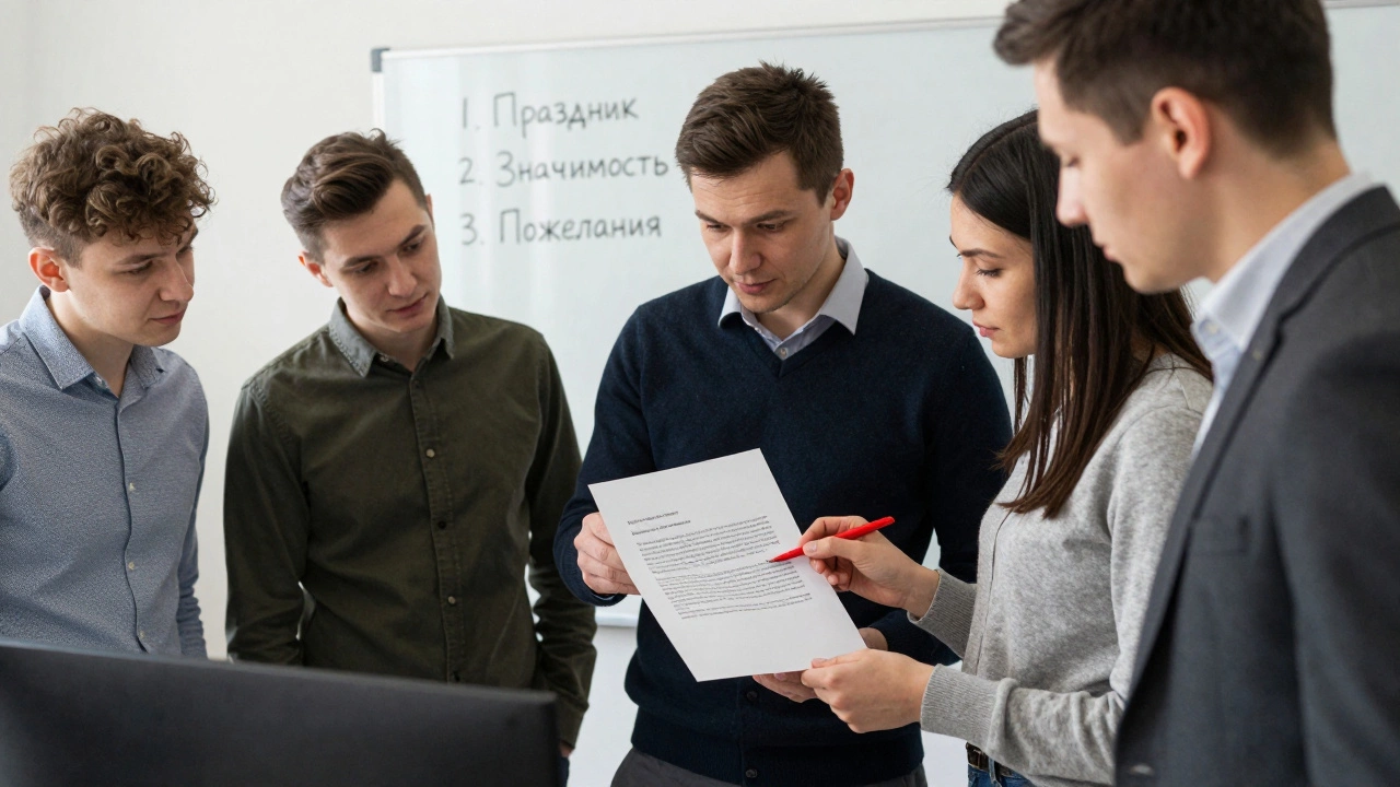 Команда сотрудников обсуждает черновик поздравительного письма, на доске видны ключевые элементы поздравления.