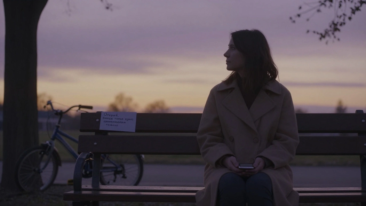 Мама сидит одна на скамейке в парке на закате, телефон рядом, без слов.