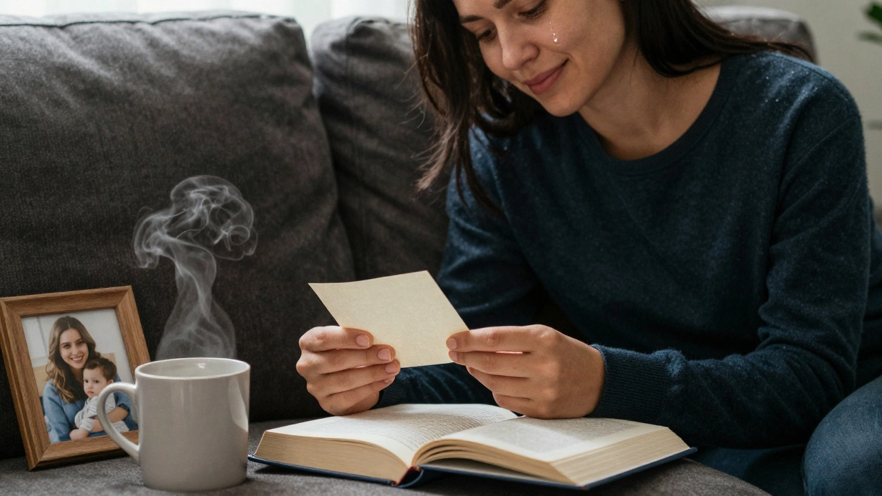 Мать читает записку, улыбается, на глазу слеза, рядом чашка и фото.