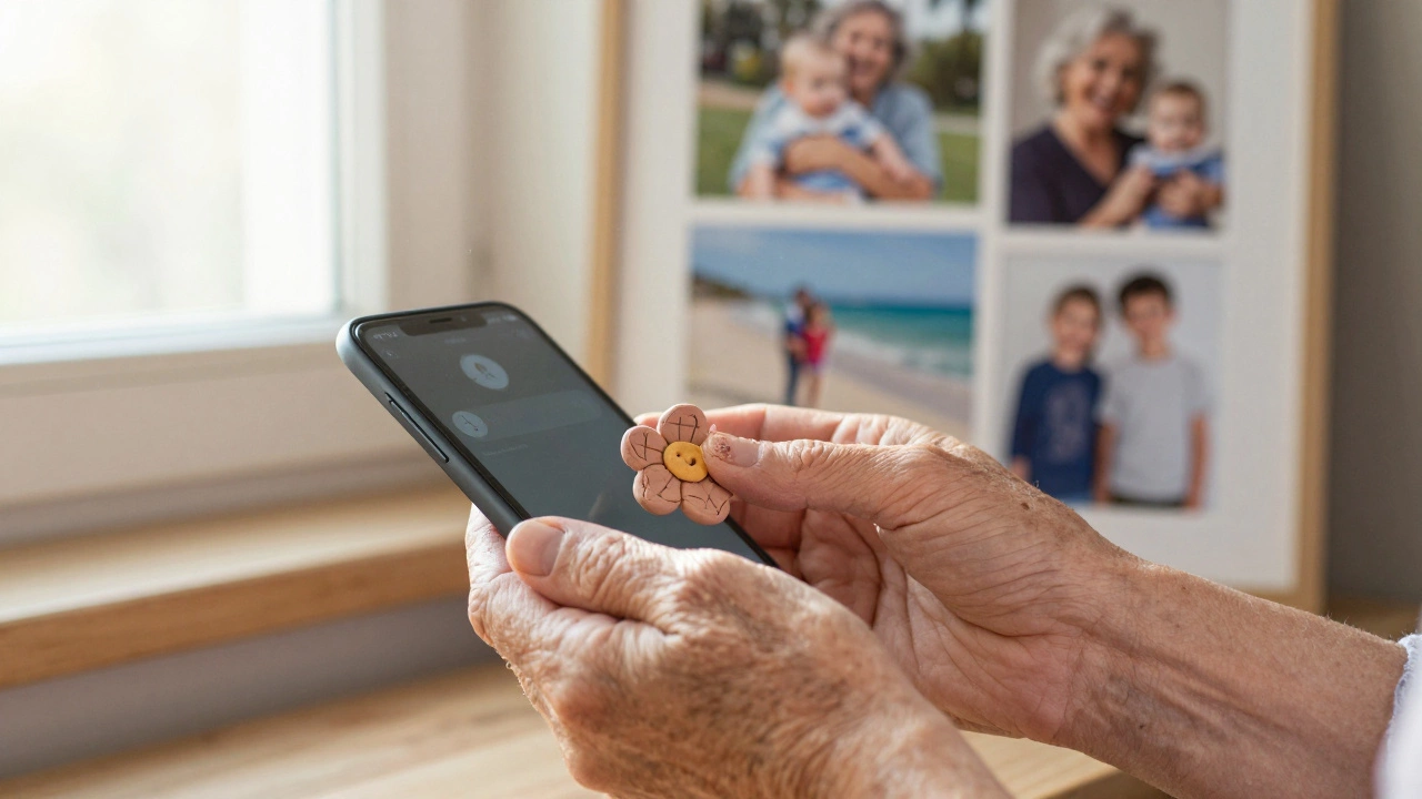 Мать держит глиняный цветок из детства рядом со смартфоном.