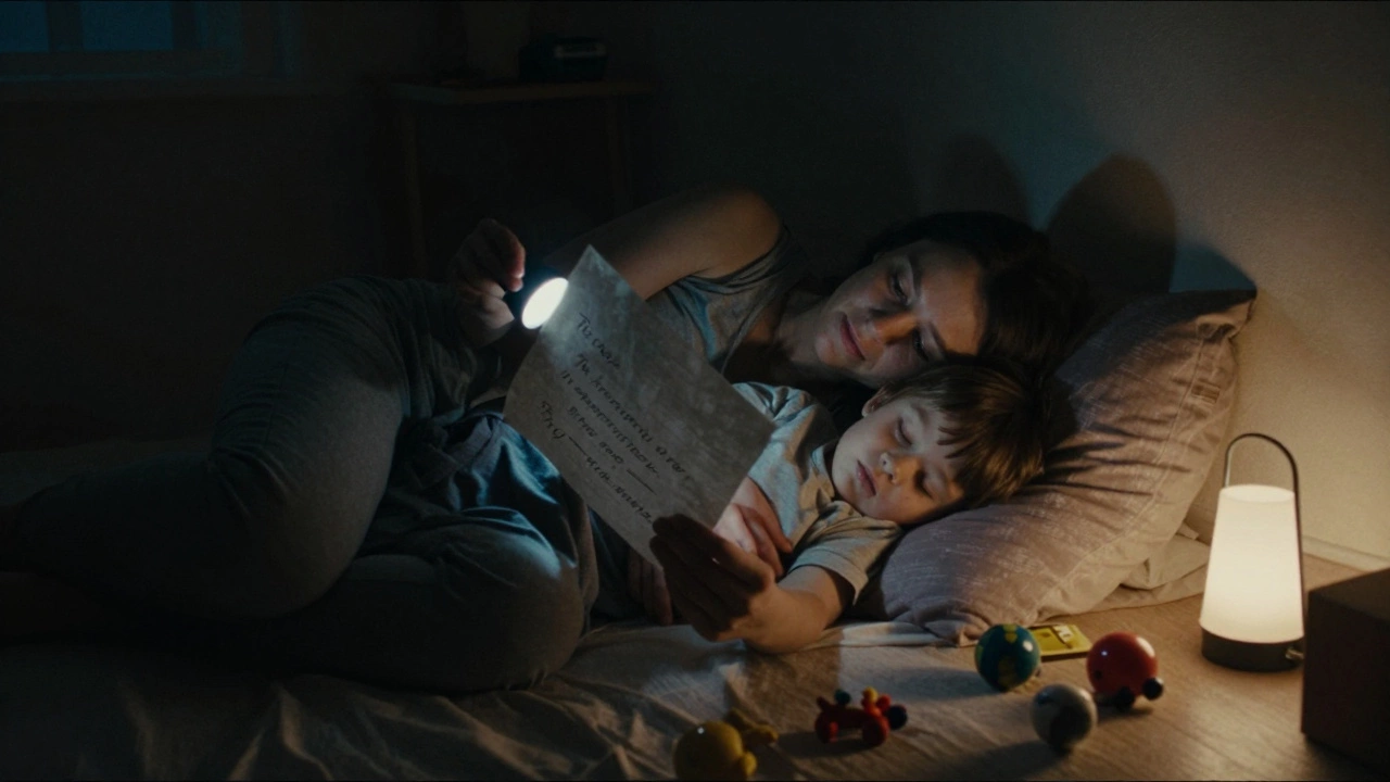 Мать спит на полу в детской, обнимая спящего ребёнка, держит фонарик с бумажкой, где написано: 'Ты просто делаешь это'.