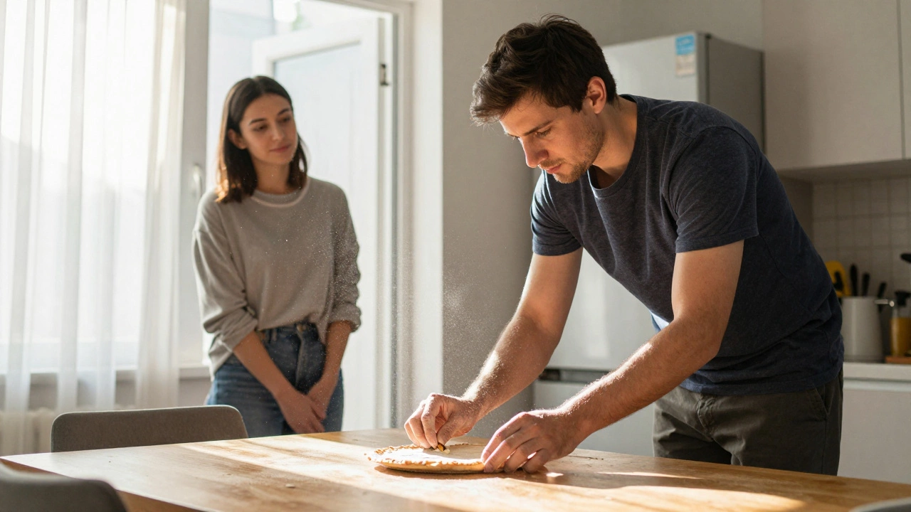 Мужчина ставит приготовленное блюдо на стол, его руки еще грязные от ремонта, партнер наблюдает с двери.
