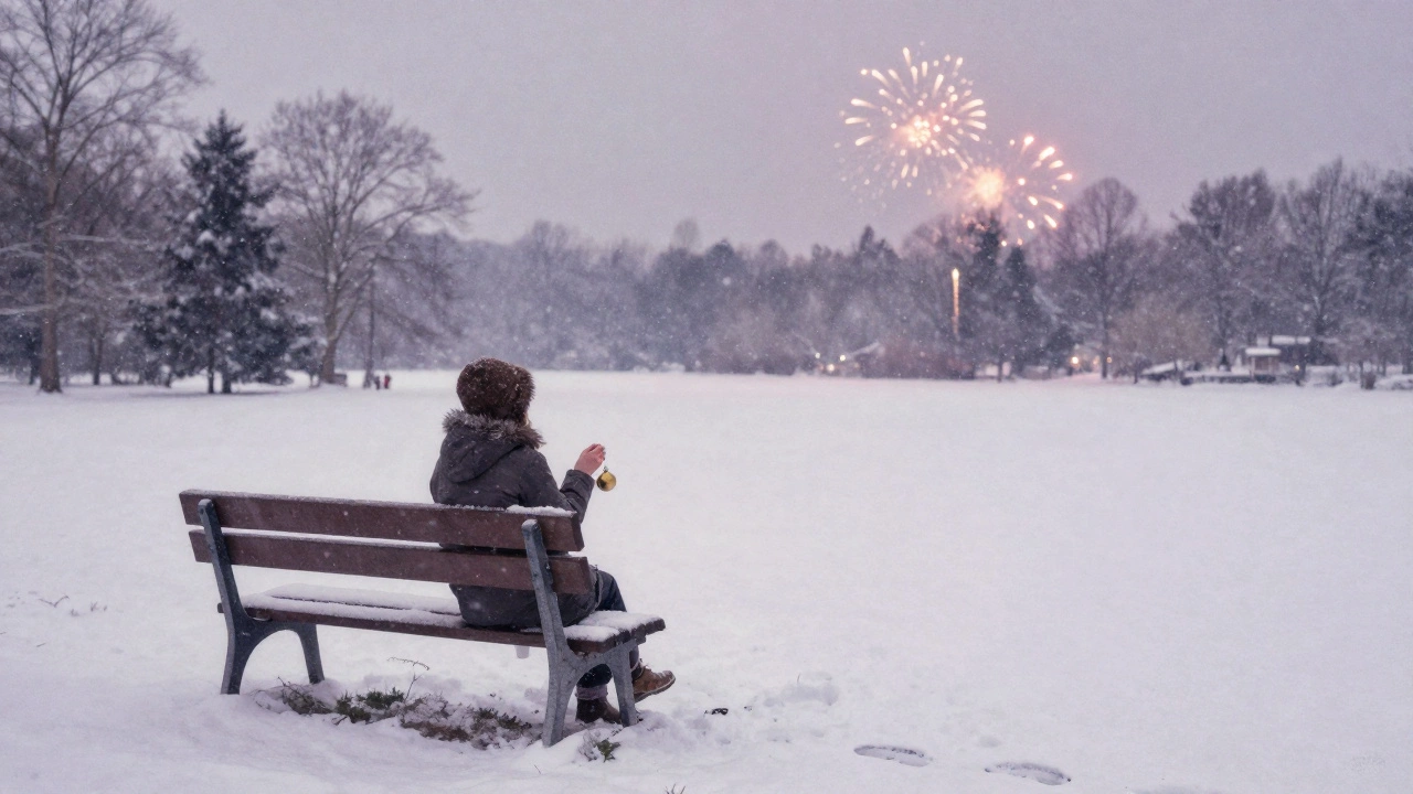 Одинокая фигура на снежной скамейке с новогодним орнаментом, тихие фейерверки на горизонте.