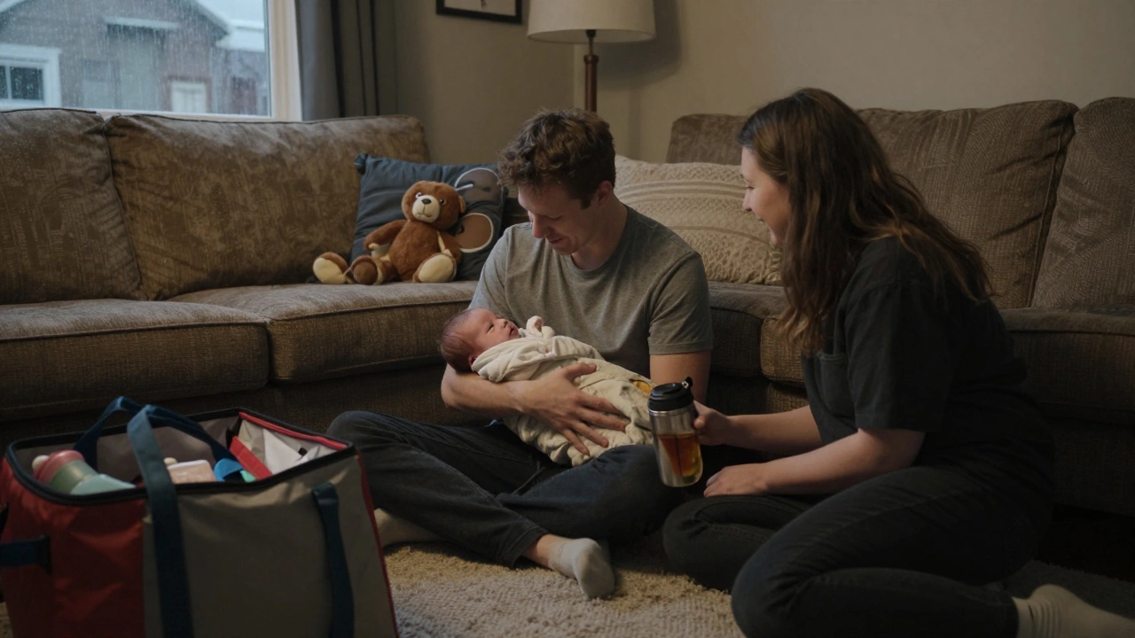 Отец с новорождённым на полу, друг рядом с чашкой чая — тихий, тёплый момент в гостиной.