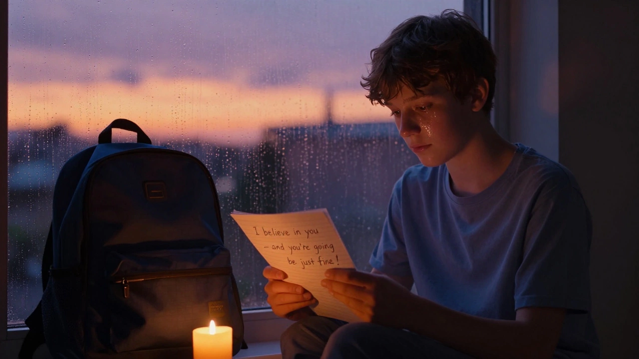 Подросток читает трогательную записку у окна на закате, смотрит вдаль с мягкой улыбкой.