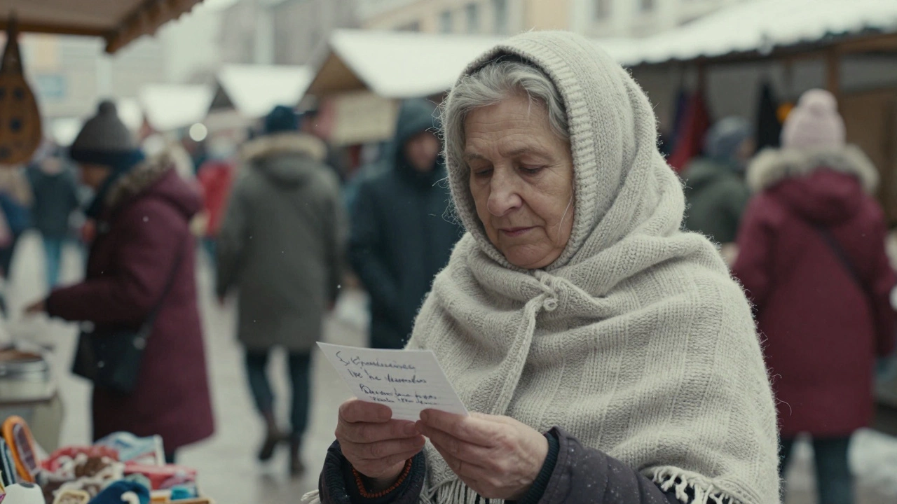 Пожилая женщина на зимнем рынке с бумажкой, на которой написана искренняя цитата.