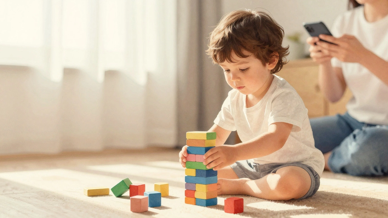 Ребёнок аккуратно складывает игрушки, родитель наблюдает за ним сзади, не фотографируя, а просто видя.