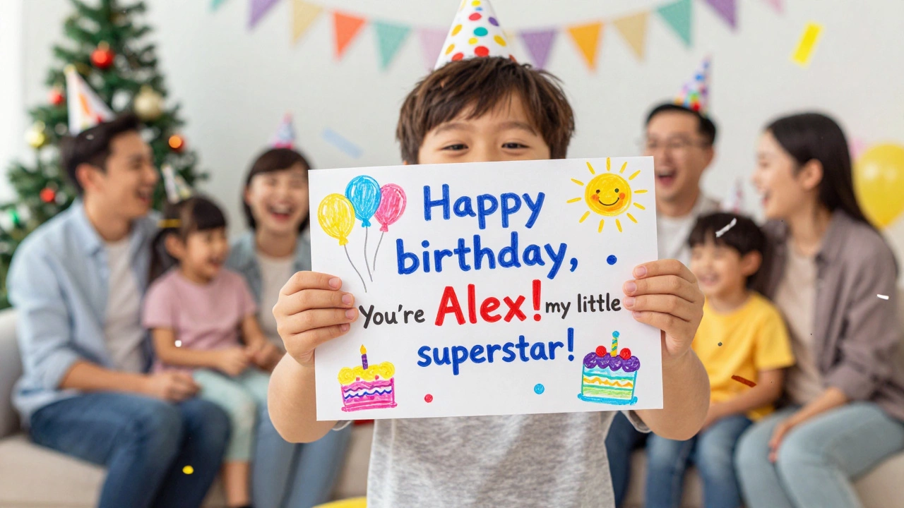 Ребенок держит яркую открытку с поздравлением на английском и рисунками шариков и торта.