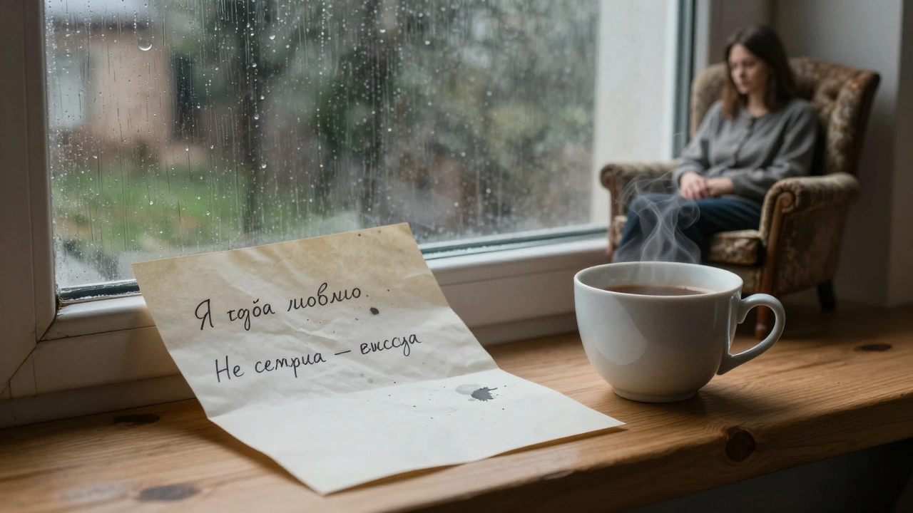 Рукописное письмо с текстом любви лежит на подоконнике рядом с чашкой чая.