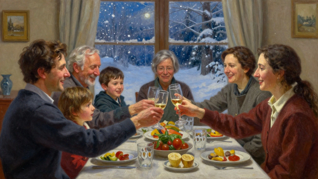 Семья празднует Новый год, один человек говорит тост у окна с падающим снегом.