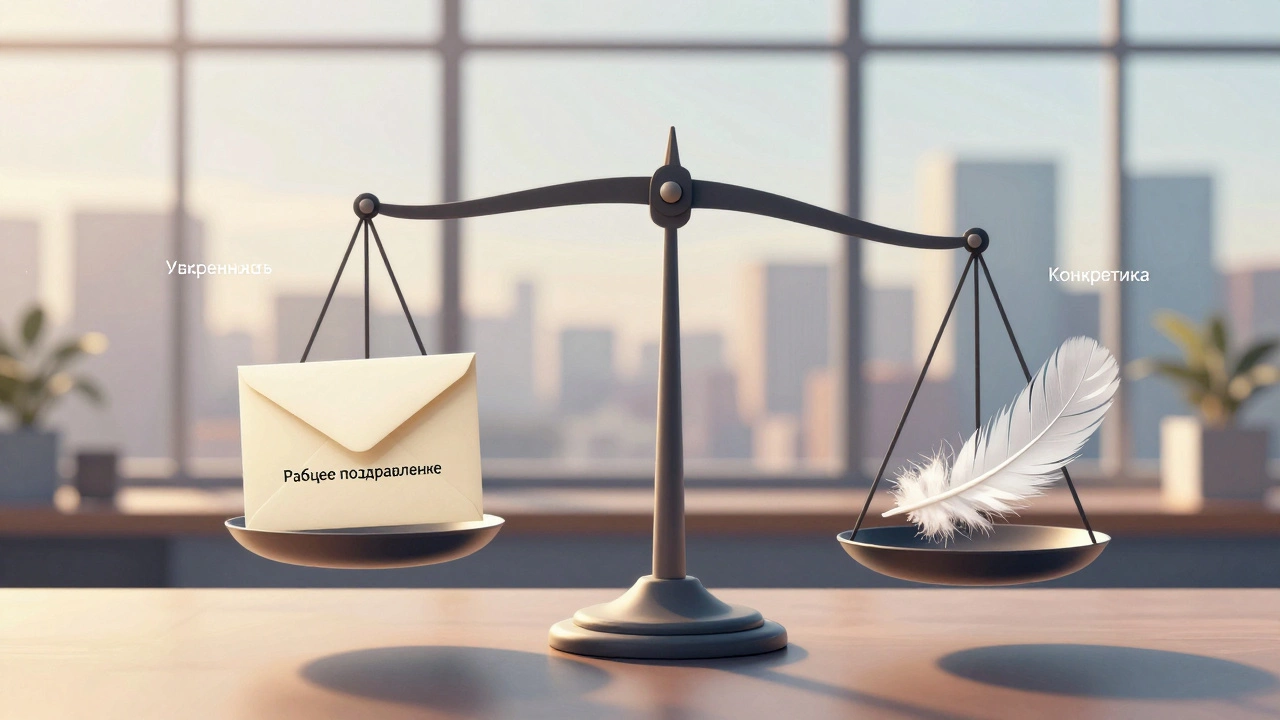 Весы с конвертом поздравления и перьями, символизирующими искренность и уважение, на фоне городского пейзажа.