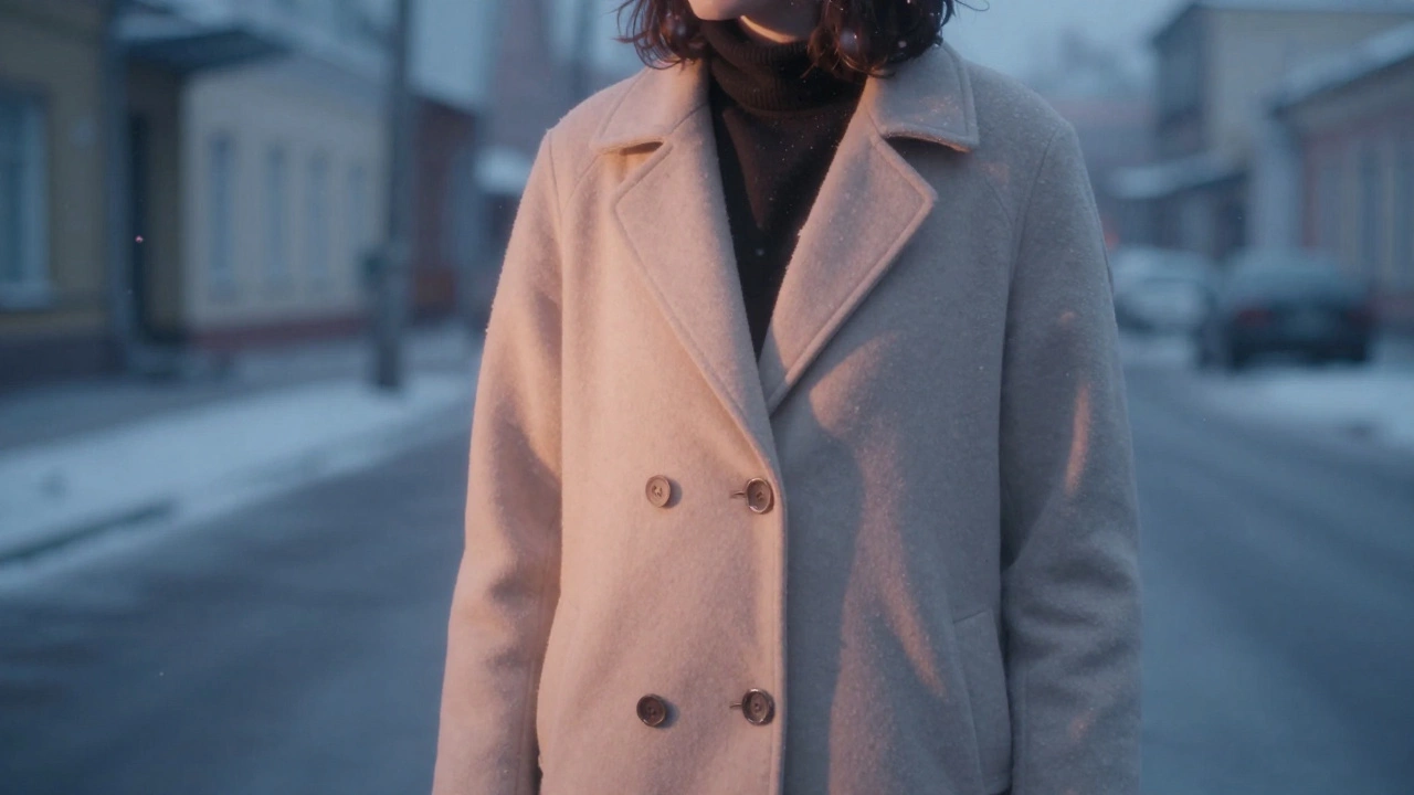 Человек стоит на тихой улице, снег начинает падать, вокруг никого, мягкое сияние вокруг.