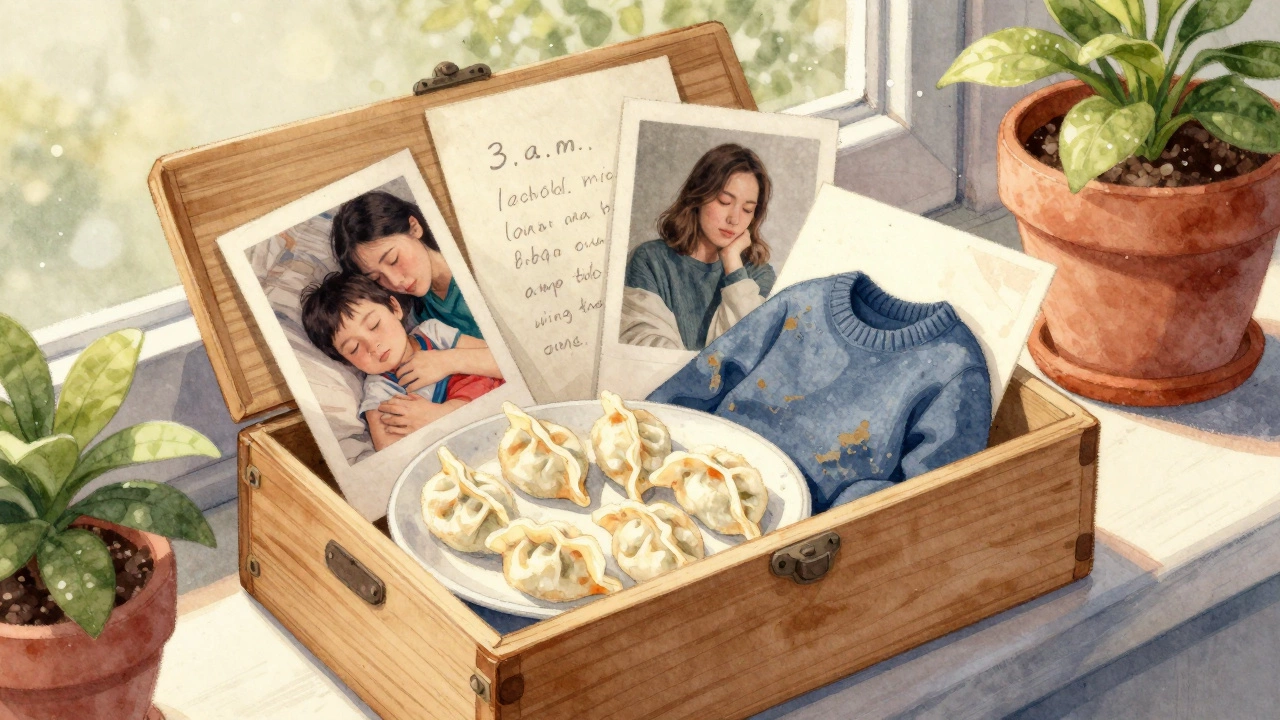 Деревянная коробка с фотографиями и записками, напоминающими о теплых моментах с мамой.