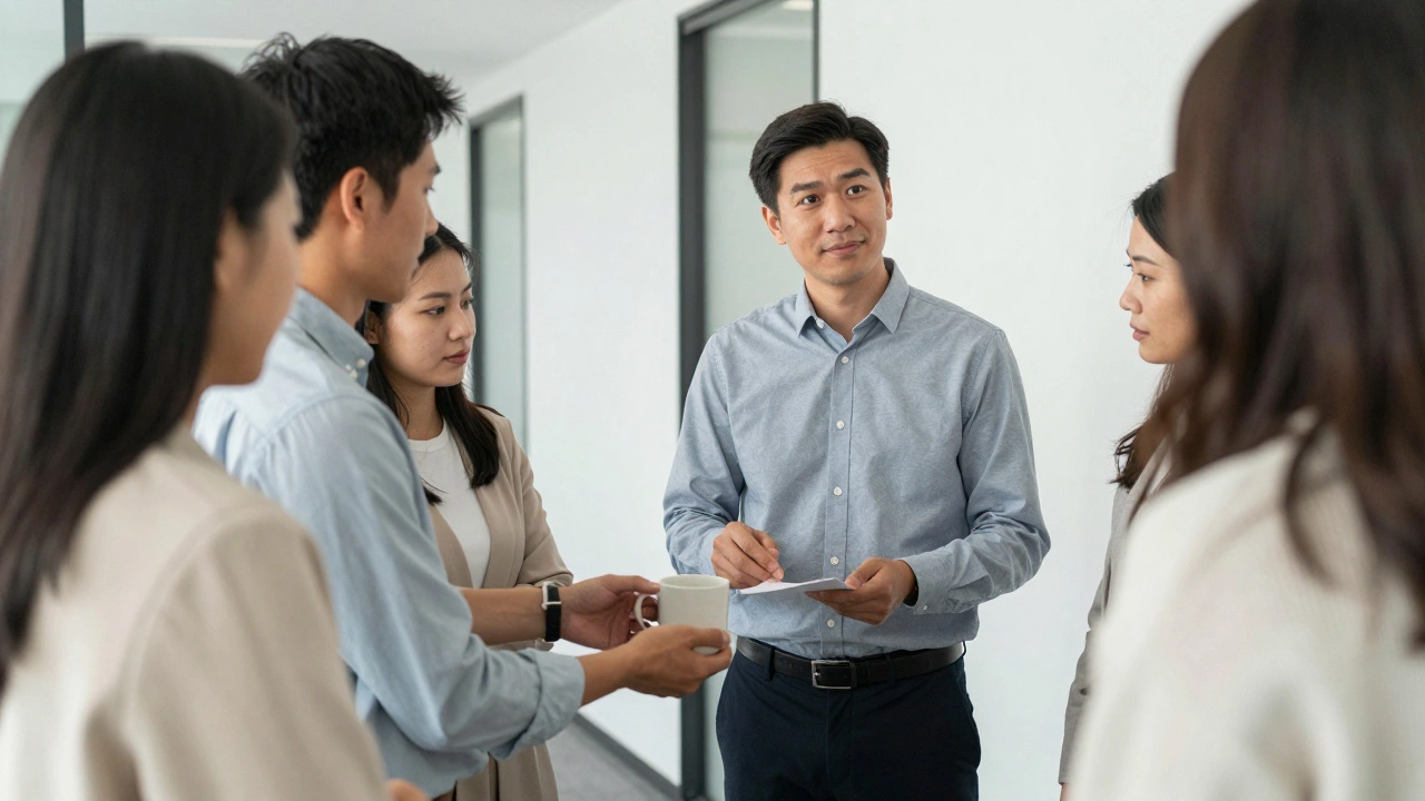 Коллега вручает менеджеру простой подарок с запиской в коридоре офиса.