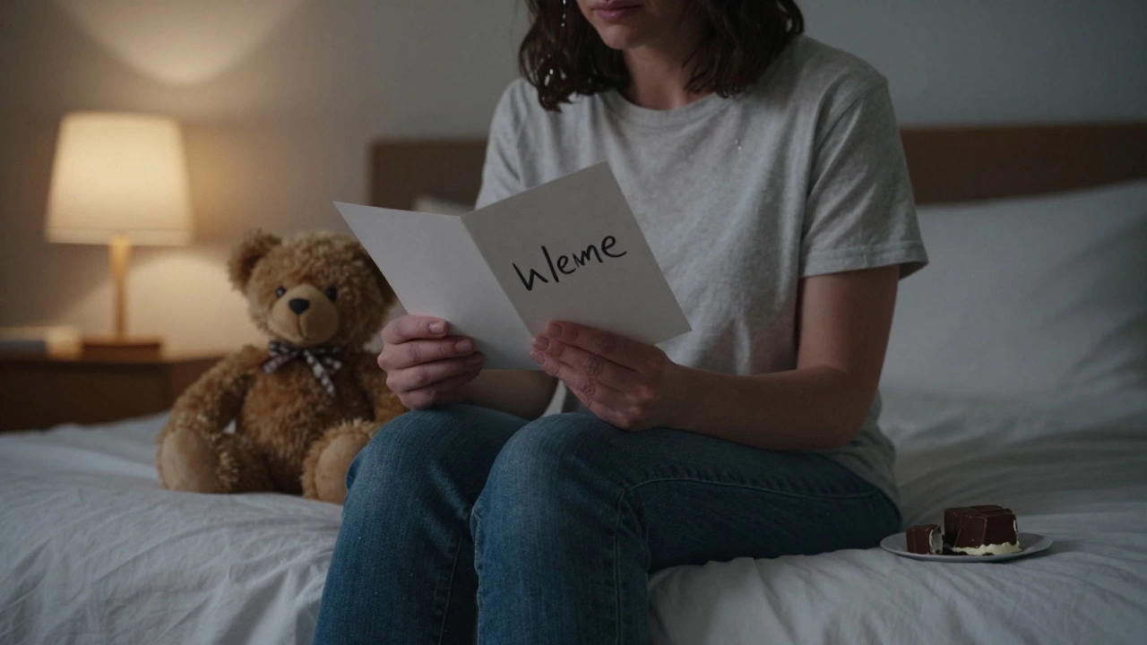 Мама держит рукописную открытку, слёзы на глазах, рядом плюшевый медведь и шоколадка