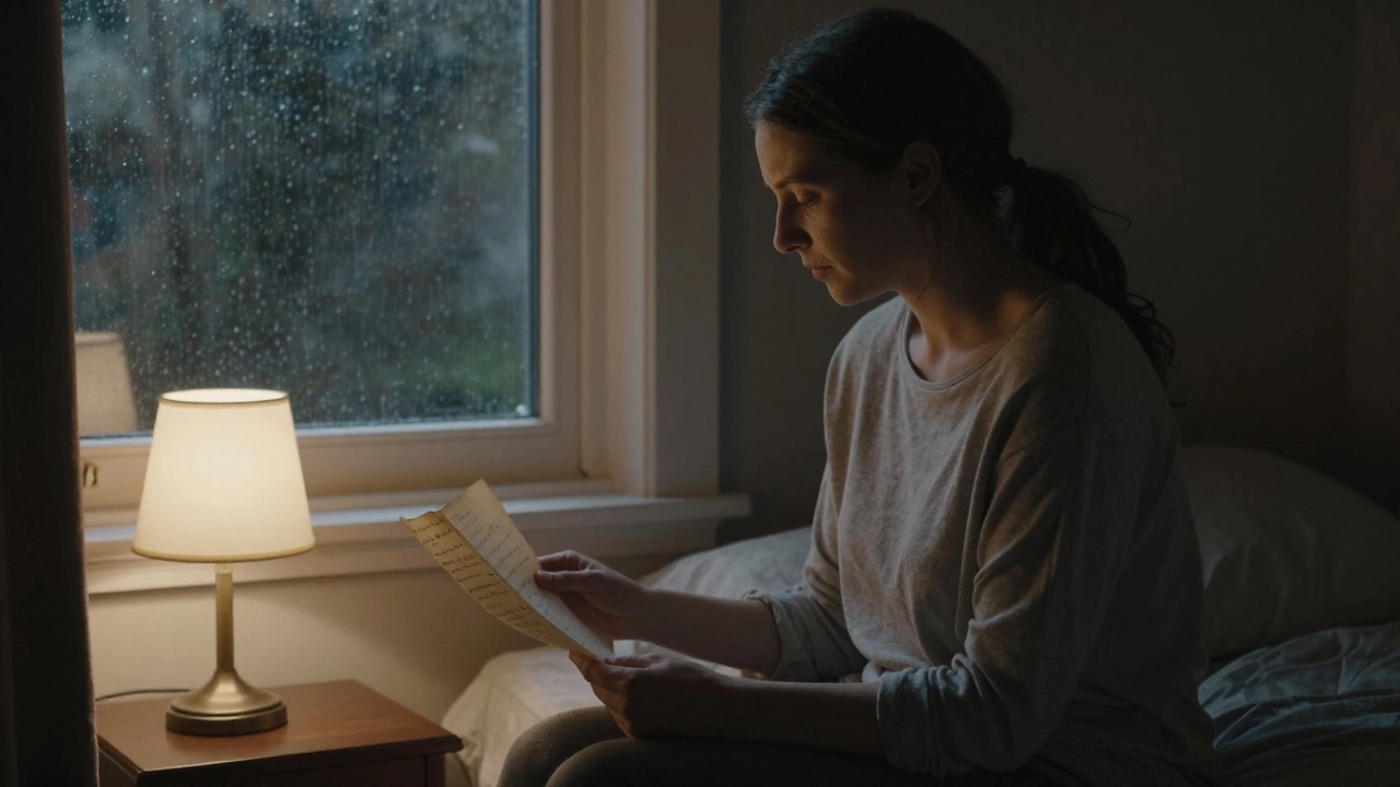 Мать сидит в темной комнате, держа в руках старую записку с детскими словами, освещенная лампой.