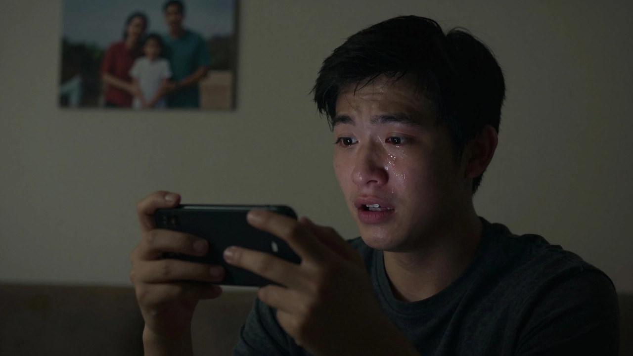 Молодой человек записывает видео с искренними словами для мамы на телефоне.