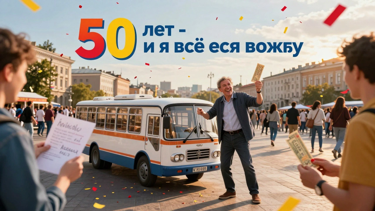 Мужчина стоит у модели автобуса, над ним надпись '50 лет - и я всё ещё вожу'