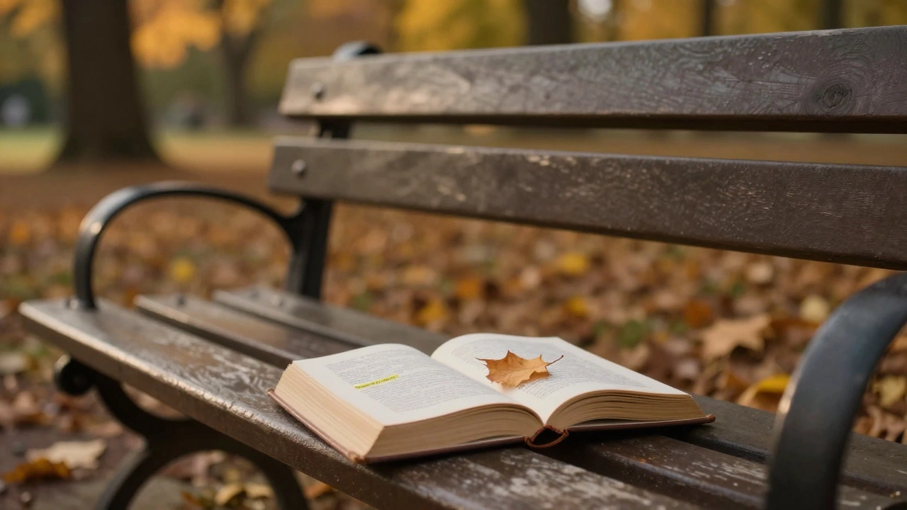 На скамейке в парке лежит старая книга с подчеркнутой строкой и листом на обложке.