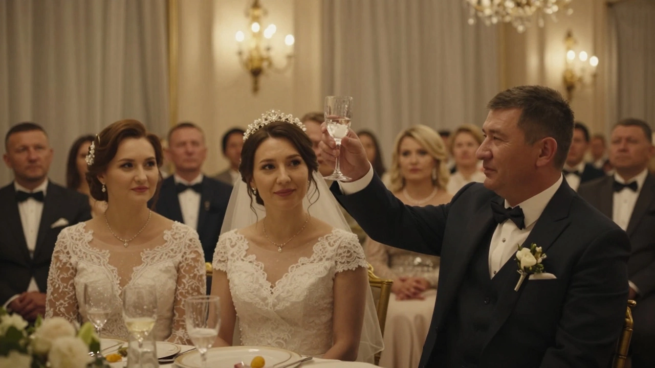 Отец невесты произносит первый тост на свадьбе, молодожёны сидят рядом, гости в внимании.