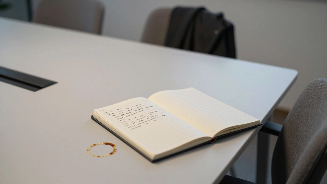 Открытая тетрадь с праздничным пожеланием и кофейное пятно на конференц-столе.