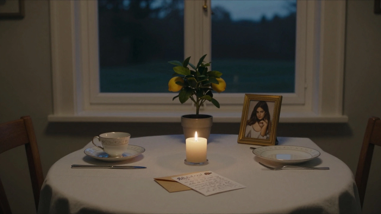 Пустой обеденный стол с запиской, чашкой чая и горшком лимонного дерева на закате.