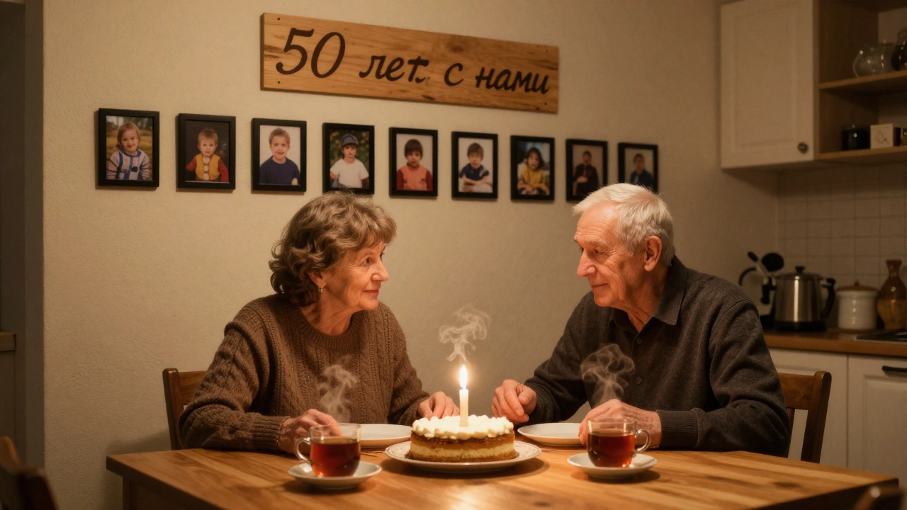 Тихий ужин с 50 фотографиями на стене, надпись '50 лет с нами'
