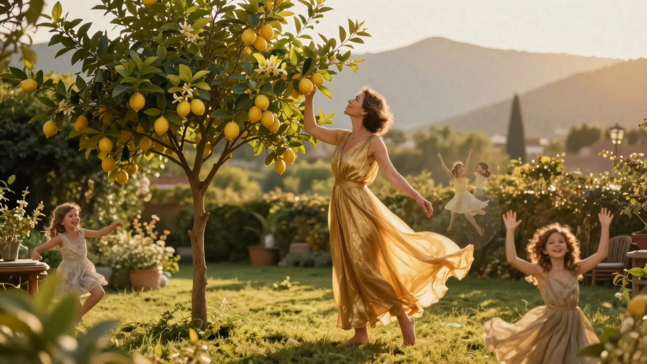 Женщина в золотом платье стоит в саду рядом с цитрусовым деревом, вокруг нее — вспышки воспоминаний.