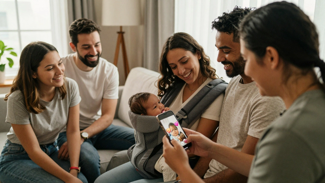 Друзья смеются и восхищаются новорожденным в комнате, один из них показывает фото ребенка на телефоне.