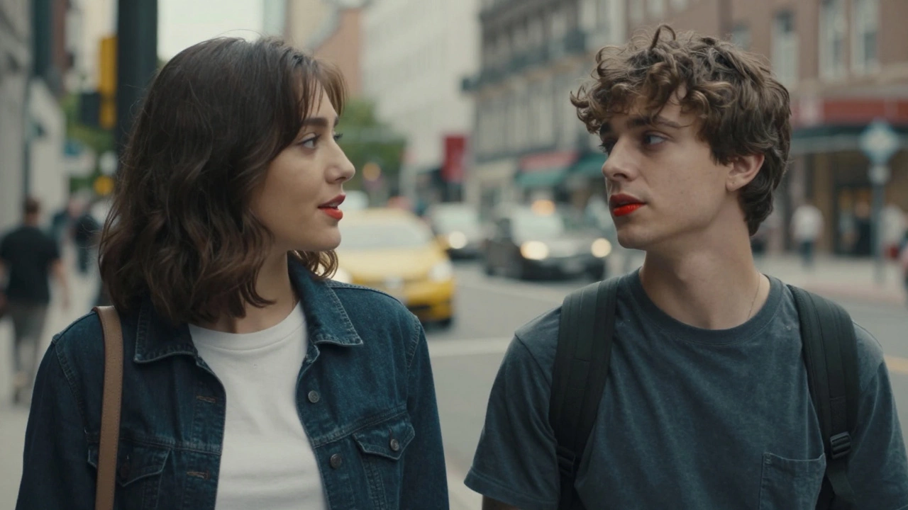 Два человека в городе — один говорит искренне, другой смотрит с признанием, вокруг — размытый городской фон.