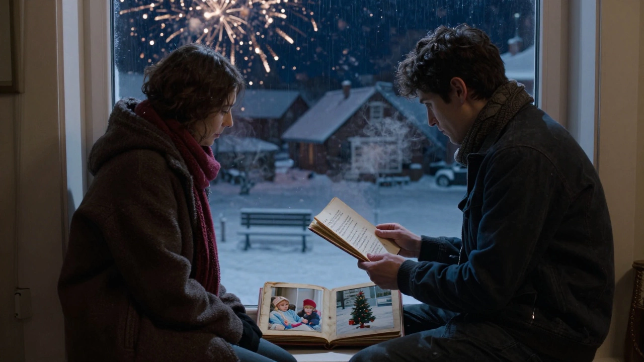 Двое сидят у окна в новогоднюю ночь, один читает личное пожелание другому, за окном — фейерверки и снег.