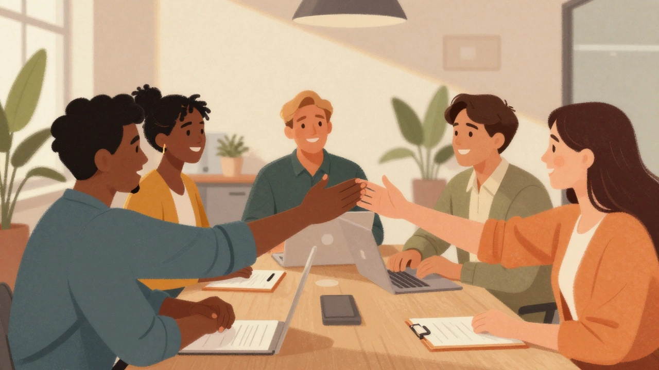 Команда поздравляет коллегу за рабочим столом