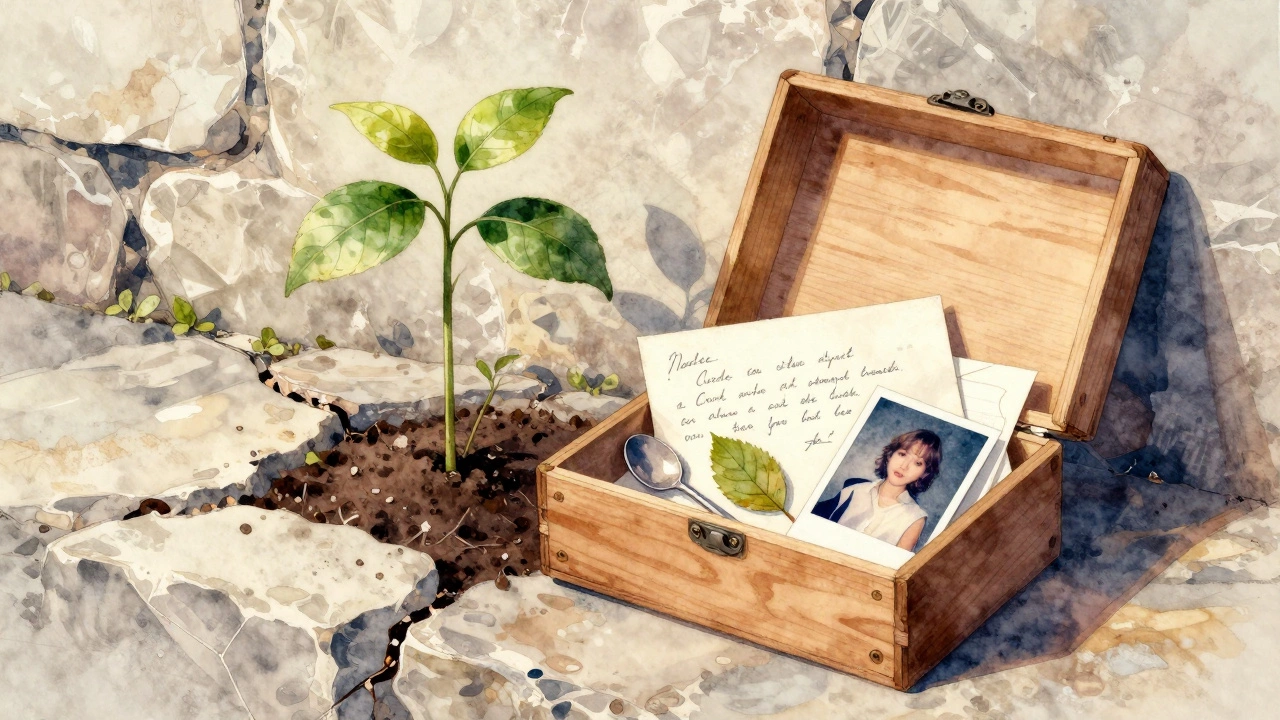 Коробка с памятными вещами и маленькое дерево — символ любви, время и памяти, которые растут вместе с ребенком.