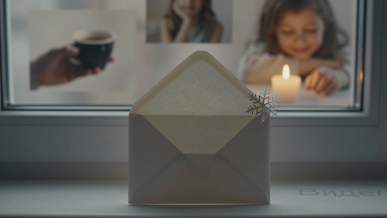 Открытый конверт на подоконнике с снежинкой, за ним — смутные воспоминания: рука, улыбка, зажжённая свеча.