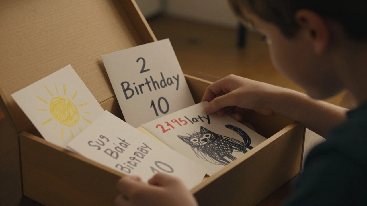 Подросток открывает коробку с детскими открытками, каждая из которых украшена простыми рисунками и яркими надписями.