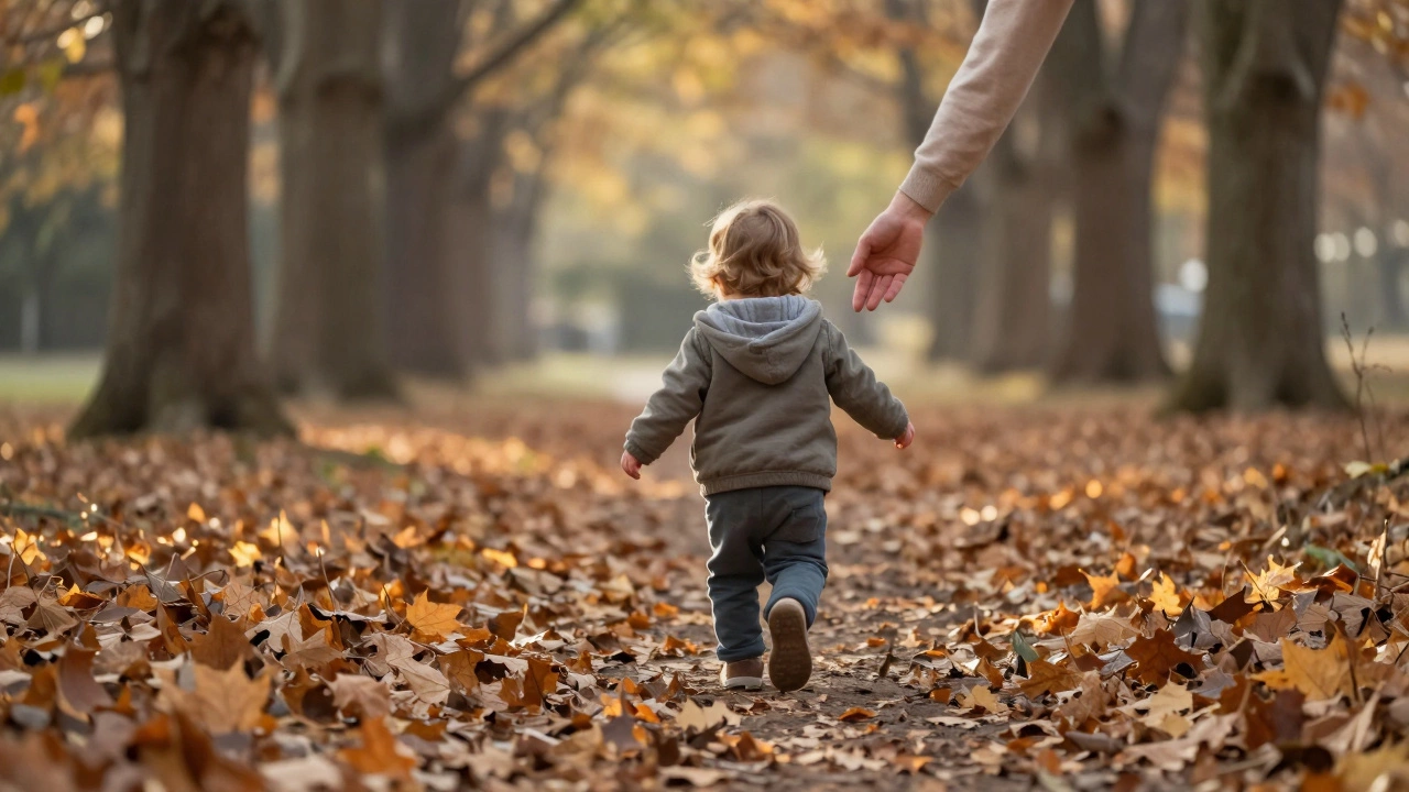 Ребенок делает первые шаги среди листьев, словно его поддерживает невидимая забота природы.