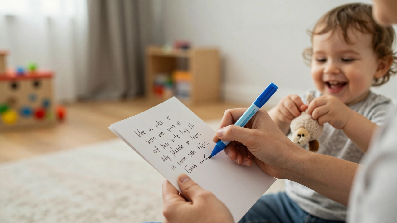 Рука взрослого пишет на открытке, рядом смеётся ребёнок, держащий мягкую игрушку.