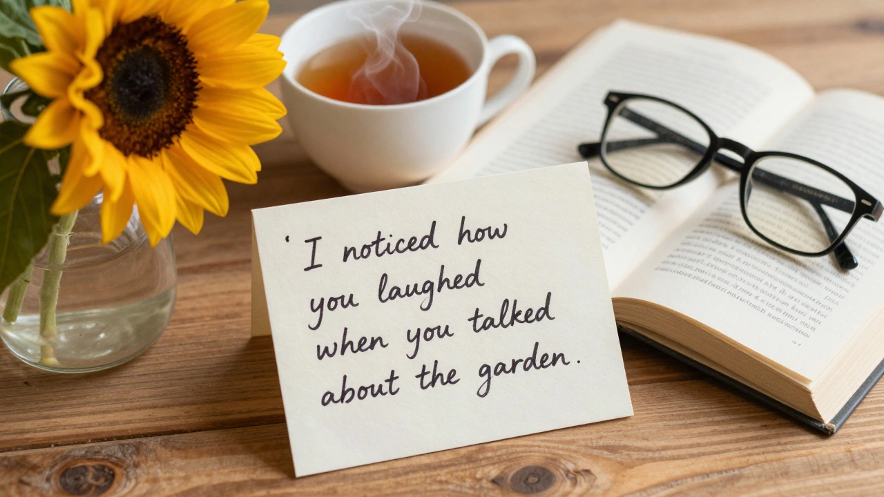 Рукописная записка с комплиментом на деревянном столе, чашка чая и подсолнух, мягкий свет и теплая атмосфера.