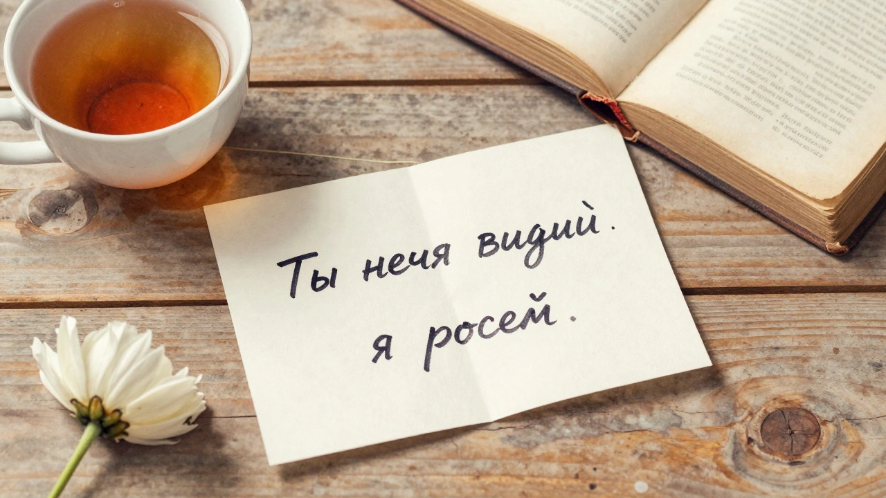 Рукописная записка с тёплыми словами на деревянном столе рядом с чашкой чая.
