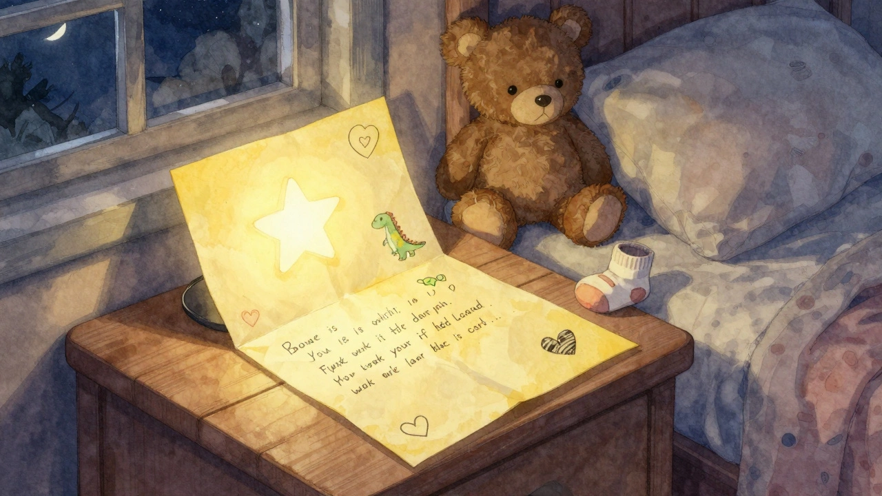 Рукописное поздравление лежит на тумбочке в детской комнате рядом с игрушкой и ночником.