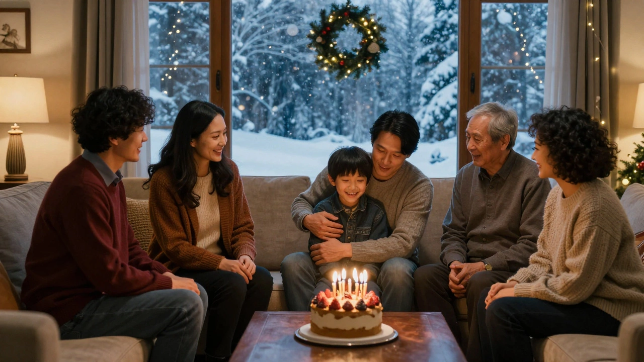 Семья обнимается у окна зимой на празднике