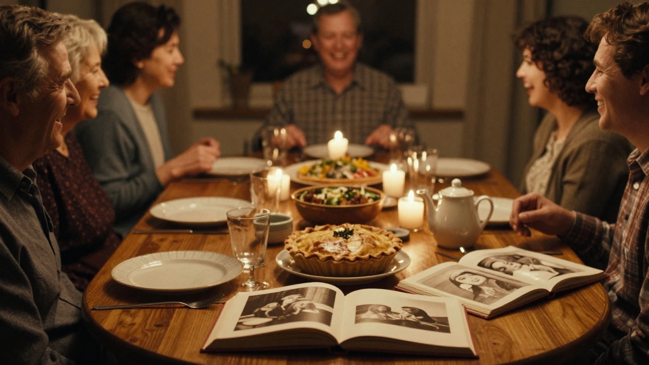 Теплая семейная трапеза с открытками и пирогами