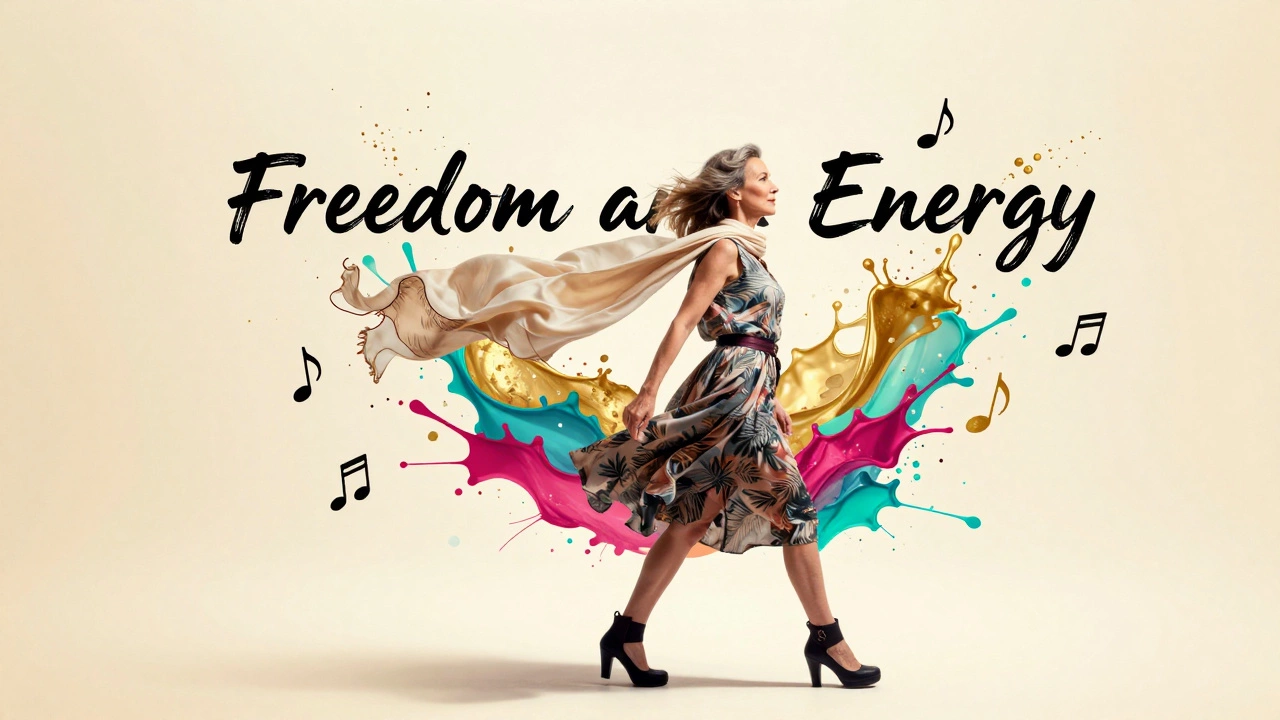 Энергичная женщина в окружении ярких абстрактных элементов, символизирующих хобби и драйв