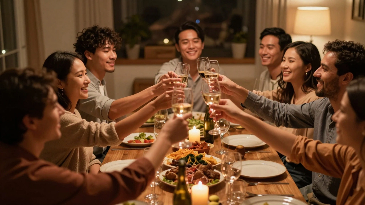 Группа друзей радостно поднимает бокалы во время семейного ужина