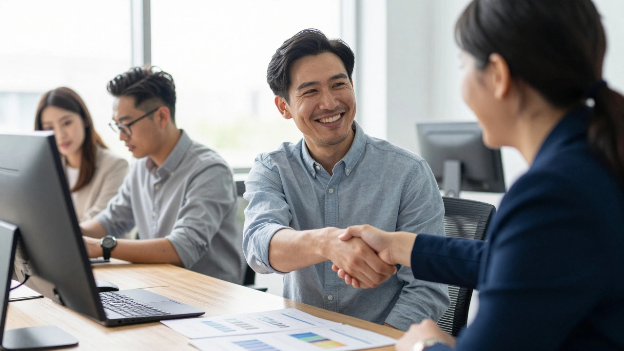 Коллеги в офисе выражают взаимное уважение и профессиональную благодарность.