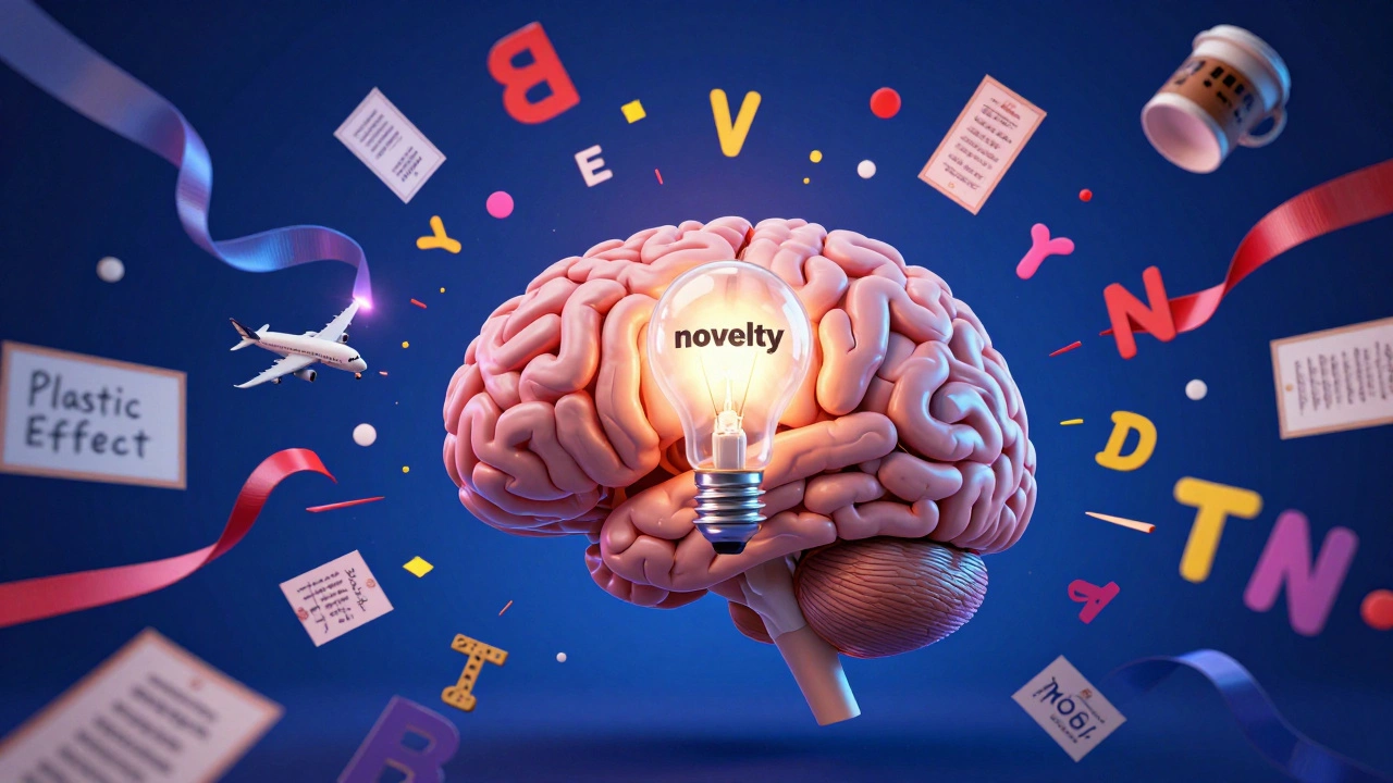 Концептуальное изображение мозга, освещенного вспышкой новизны и окруженного личными деталями.