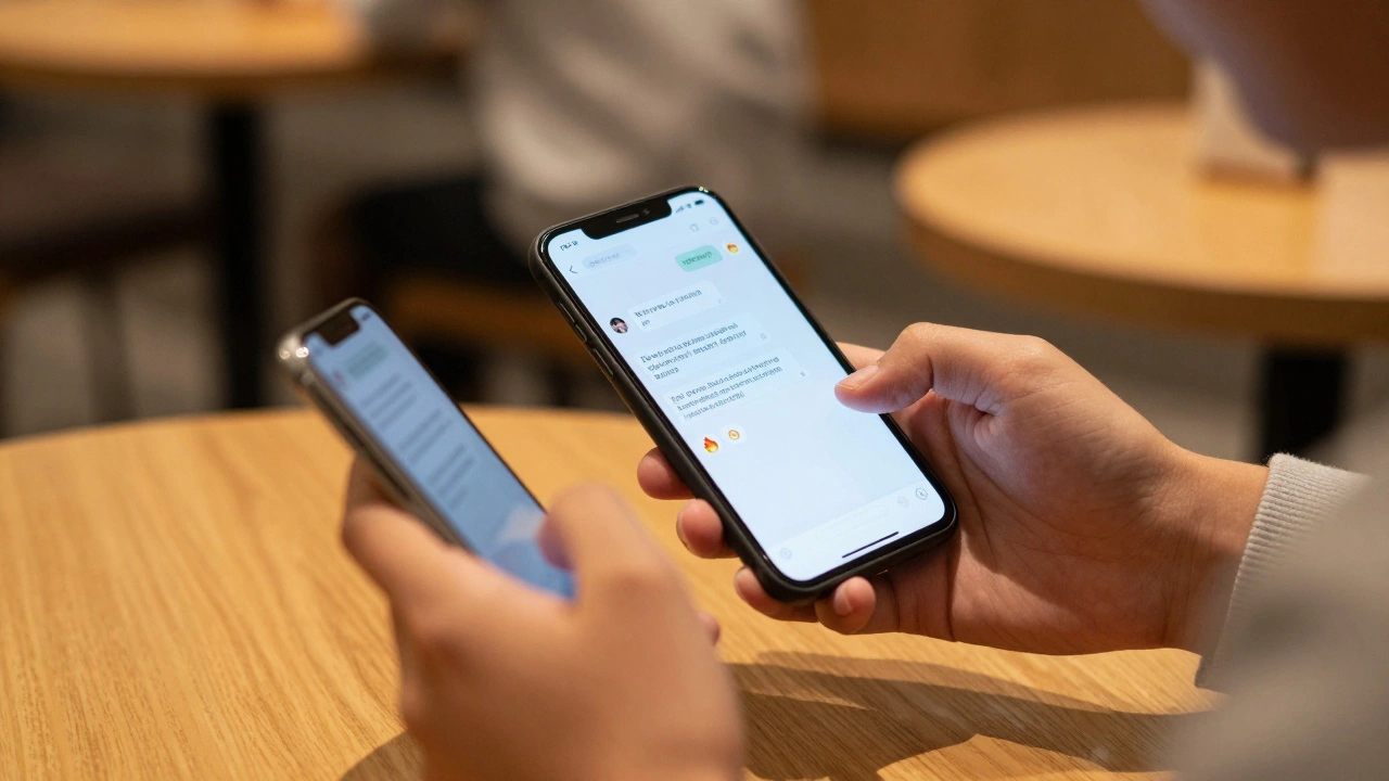 Крупный план рук с телефоном в уютном кафе, где пишется искреннее личное сообщение.