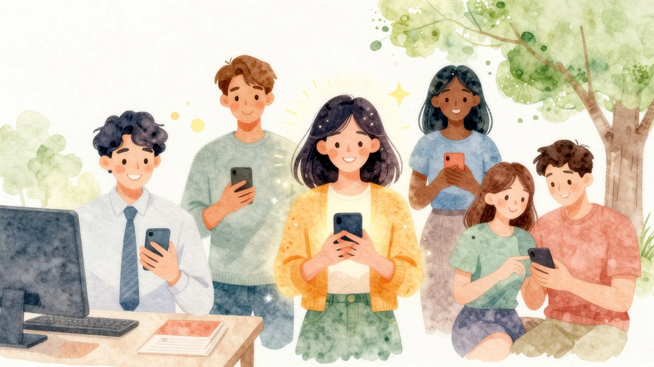 Люди в разных ситуациях улыбаются, читая приятные сообщения на смартфонах