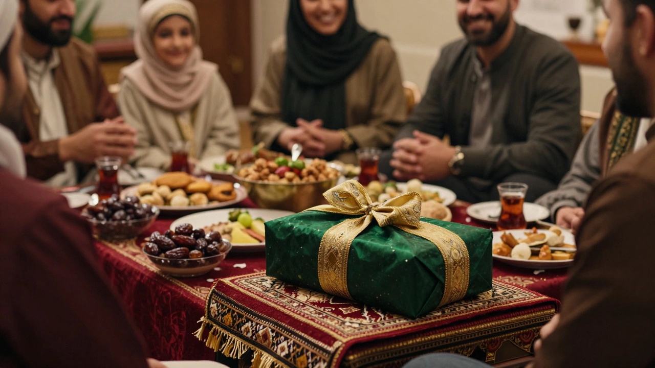 Праздничный стол и подарки на традиционном семейном торжестве Акика