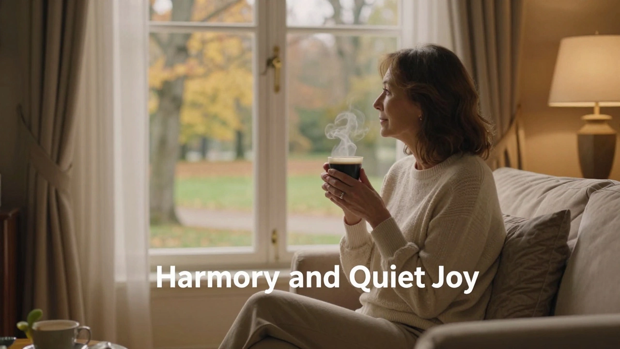 Женщина в уютной домашней обстановке с чашкой кофе у окна в спокойной атмосфере